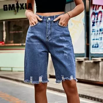GMXIA Сплошной цветной принт лето весна деним рваные брюки четверть мода необработанные края бахрома джинсы женские S синий