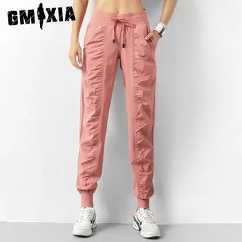 GMXIA Спортивные штаны женские для похудения, свободные, для бега, йоги, фитнеса, плиссированные, быстросохнущие, с девятью карманами, повседневные, с пробковым эффектом S чёрный