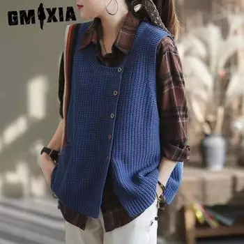 GMXIA Spring and Autumn Design Retro Style Round Neck Vest Loose Waistcoat Sweater Women s Sweater Vest Wear One Size зелёный