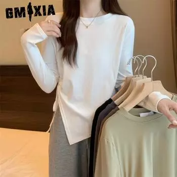 GMXIA Spring and Autumn Drawstring Top Women Loose Slimming Long Sleeve Base Shirt with Irregular T-shirt Women M белый