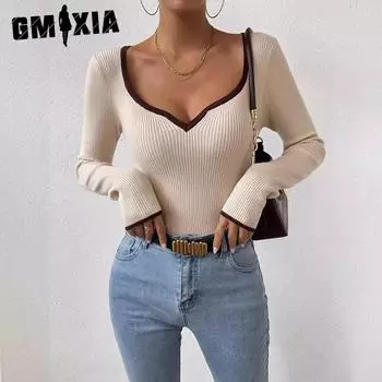 GMXIA Весенне-осенняя мода Wrap Edge V-образный вырез трикотаж женский вертикальный зернистый узор в полоску утягивающие плавки S абрикосовый