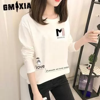 GMXIA Spring and Autumn Women s Long Sleeve T-shirt Women s Base Shirt Student Top Women s Round Neck T-shirt M
