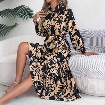 GMXIA Spring Summer Casual Flower-patterned Long-sleeved Shirt Dress Ruffled Long Dress Women s Clothing S