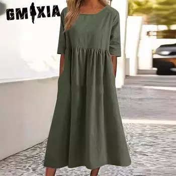GMXIA Spring/Summer O-Neck 1/2 Sleeves Large Size Casual Loose Long Solid Colour Cotton Dresses S серый