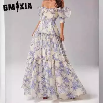 GMXIA Весна-Лето Женское Газовое Вечернее Платье С Открытыми Плечами Длинное В Стиле Феи S синий