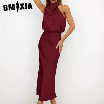 GMXIA Весна-лето атласное платье без рукавов модное элегантное женское легкое вечернее платье S абрикосовый