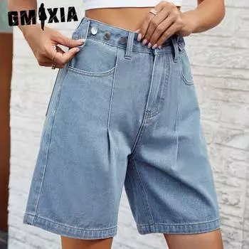 GMXIA Весна-лето, стирать, регулируемая талия, джинсовые брюки-четверть S светло-синий