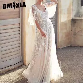 GMXIA Весна-Лето Женское Платье Средней Длины с Глубоким V-образным Вырезом Кружевное Вечернее Платье С Открытой Спиной S белый