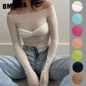 GMXIA Весна-Лето Женская Легкая Прозрачная Футболка Топ с Вырезом-Лентой S белый