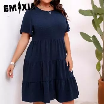 GMXIA Spring/Summer Women s Plus Size O-Neck Small Fur Ball Pleated Dresses L тёмно-синий