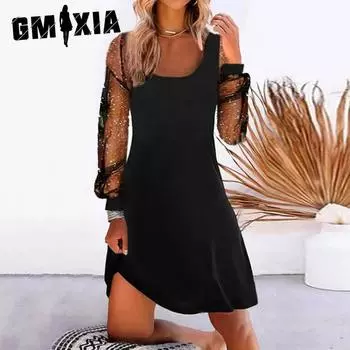 GMXIA Spring/Summer Women s Season Fashion Solid Colour Mesh Splicing Dresses S бордовый