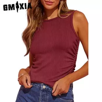 GMXIA Spring Summer Women s Sleeveless Rib Knit Slim Side Pleat Solid Color Crew Neck Vest T S абрикосовый