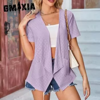 GMXIA Spring Summer Women s Solid Color Hole Short Sleeve Loose Casual Pocket Cardigan S розовый