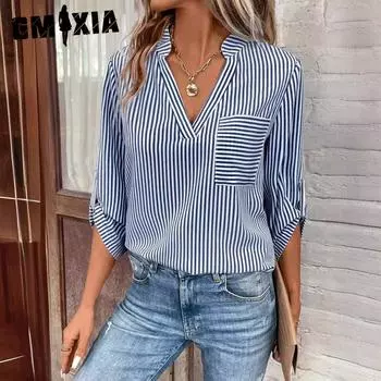 GMXIA Весенний женский свитер с V-образным вырезом и полосатым принтом, повседневная рубашка с длинным рукавом для женщин S красный