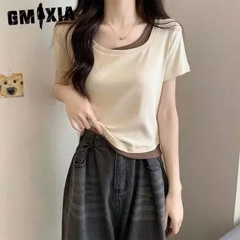 GMXIA Square Collar Short-sleeved T-shirt Women s Summer Design Sense Niche Slim-fit Pure Desire To Fake Two Short Tops M абрикосовый