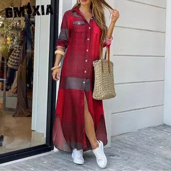 GMXIA Стильное женское свободное длинное платье-рубашка с воротником и длинными рукавами S красный