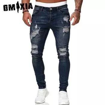 GMXIA Street мужские джинсы рваные эластичные брюки модные городские узкие повседневные брюки средней талии мужские S темно-синий
