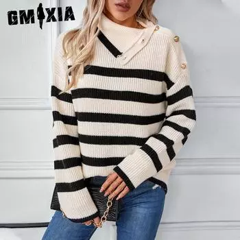 GMXIA Полосатый свитер с лацканами, повседневный свитер на пуговицах для женщин, осень/зима S абрикосовый