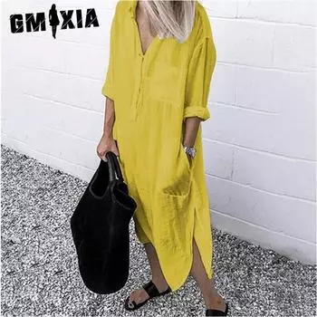 GMXIA Лето Осень Элегантное Однотонное Платье С Разрезом Простое Длинное Платье-Рубашка С Пуговицами Для Женщин S белый