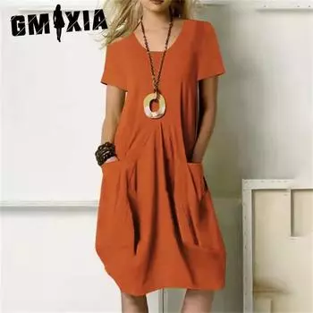 GMXIA Summer Cotton Linen Solid Colour Loose O-Neck Short Sleeve Dress S чёрный
