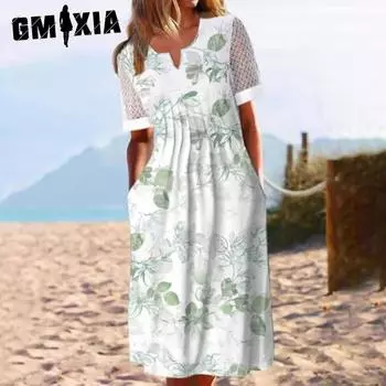 GMXIA Summer Dress with Pockets Anti-Pilling Popular Floral Print Cocktail Tunic Long Streetwear Dressy Outfits S белый