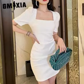 GMXIA Летняя мода Ethos Маленькая облегающая юбка с запахом на бедрах с квадратным воротником и талией Платье для похудения S белый