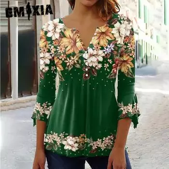 GMXIA Summer Fashion Ruili Flower Print V-neck Seven-point Sleeve T-shirt S