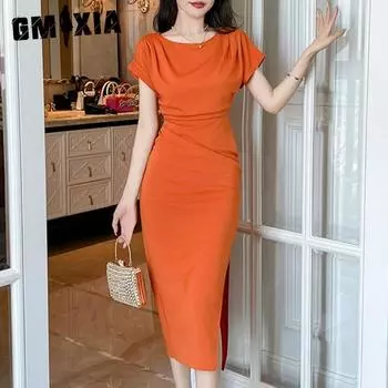 GMXIA Летнее женское платье-трапеция в стиле «Сестра» с круглым вырезом и рукавами «летучая мышь», облегающее, средней длины S