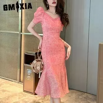 GMXIA Летнее облегающее платье с французским v-образным вырезом и принтом, милое женское платье с рыбьим хвостом и талией S розовый