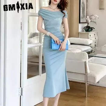 GMXIA Летнее нежное темпераментное однотонное утягивающее платье с юбкой-рыбьим хвостом и французскими бедрами S