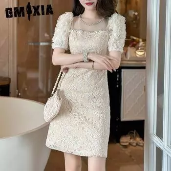 GMXIA Летнее тонкое кружевное платье с пышными рукавами и лепестками нежного ветра и запахом на бедрах S абрикосовый