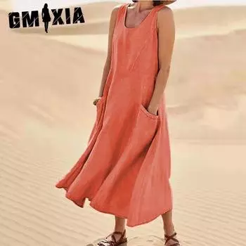 GMXIA Summer Pocket Sleeveless O-Neck Women s Cotton Linen Dresses S синий