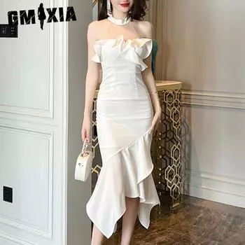 GMXIA Летнее сексуальное платье с лямкой на бретельках, без бретелек, с баской, тонкое платье нерегулярной формы «рыбий хвост» S чёрный