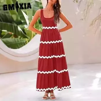 GMXIA Летнее длинное платье без рукавов с U-образным вырезом, многослойное, струящееся, для пляжной вечеринки S