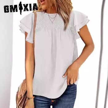GMXIA Summer Solid Color Jacquard Chiffon Shirt Women s Loose Crew Neck Pullover Short Sleeve Top T-shirt S белый