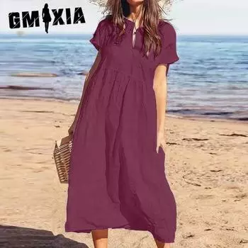 GMXIA Summer Solid Colour Short Sleeve Loose Casual Long Women s Cotton Linen Dresses S чёрный
