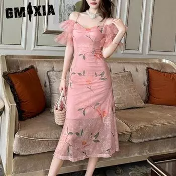 GMXIA Летнее милое платье с принтом на шее и рукавами лотоса, с открытыми плечами и принтом на шее S