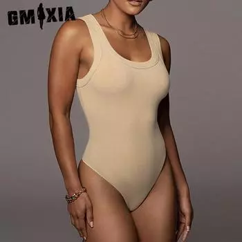 GMXIA Summer Tank Top Jumpsuit Women s Tights Cotton Ribbed Sexy Crew Neck Sleeveless Bottoms M чёрный