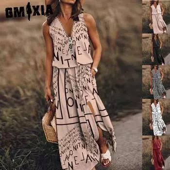 GMXIA Summer Women Dress Long Sleeveless Casual Ladies Dress Zipper Letter Print Waist S белый