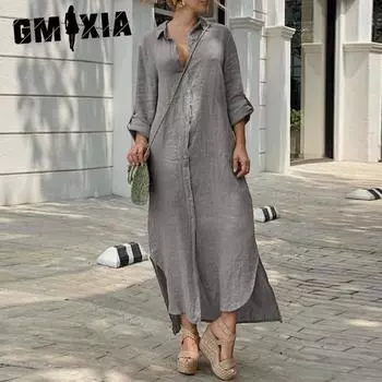 GMXIA Summer Women s Cotton and Linen Shirt Collar Button Down Long Dress S темно-синий