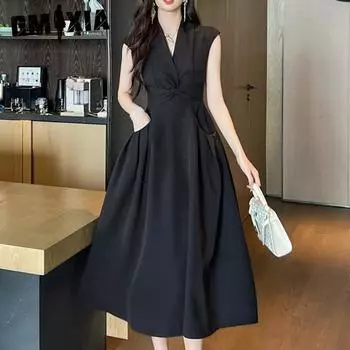 GMXIA Летнее женское элегантное платье с v-образным вырезом и закрученной талией в стиле Хепберн, длинное карманное платье S чёрный