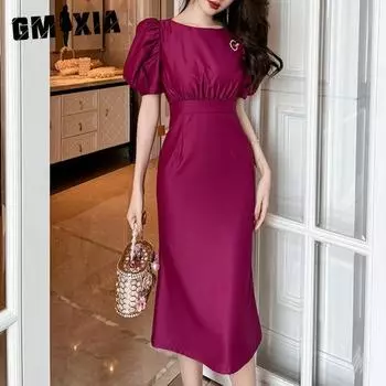 GMXIA Летнее женское элегантное темпераментное облегающее благородное фиолетовое платье с объемными рукавами на талии S
