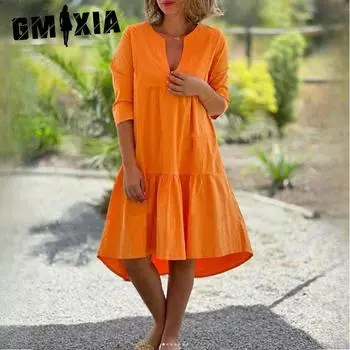 GMXIA Summer Women s Fresh Sweet V-Neck Pure Colour Cotton Linen Swing Casual Long Dresses S чёрный