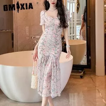 GMXIA Летнее женское нежное стильное платье с объемными рукавами на талии и цветочным принтом «рыбий хвост» S