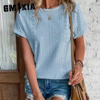 GMXIA Summer Women s Hollow-out O-Neck Short-sleeved Perforated Casual T-shirt S белый