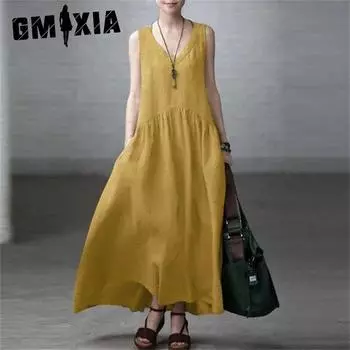 GMXIA Summer Women s Long Loose Pleated Fashion Sleeveless Solid Color Vest Cotton Linen Dresses S чёрный