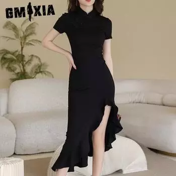 GMXIA Летнее женское новое китайское модифицированное повседневное платье Cheongsam, черное нерегулярное платье «рыбий хвост» S чёрный