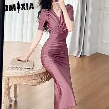 GMXIA Summer Women s Retro French V-neck Slim-fit Advanced Purple Dress