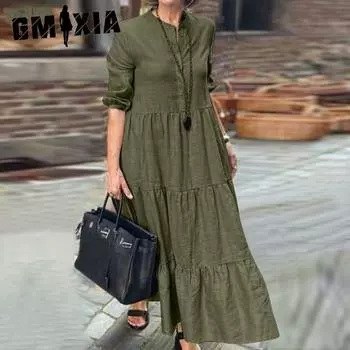 GMXIA Summer Women s Solid Colour Big Hem Casual Loose Cotton Linen Dresses S чёрный