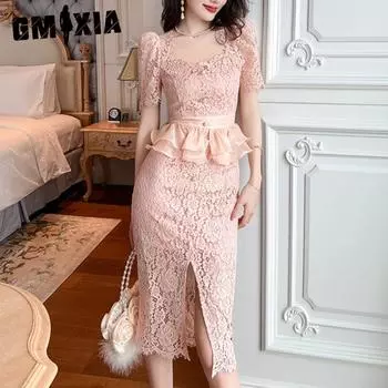 GMXIA Летнее женское милое розовое кружевное платье из темперы с квадратным воротником на талии и баской, драпированное на бедрах S розовый